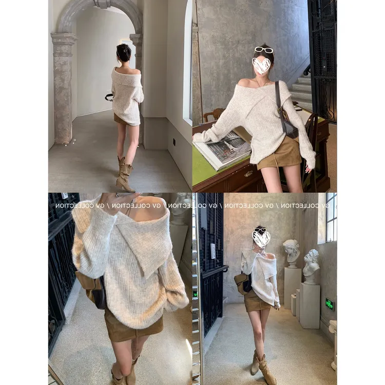 慵懒美学 设计感不规则大翻领露肩混色慵懒毛衣秋季新款上衣女