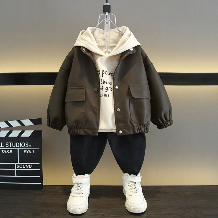 男童春装皮衣套装2025新款儿童春秋季酷帅衣服男孩韩版卫衣两件套