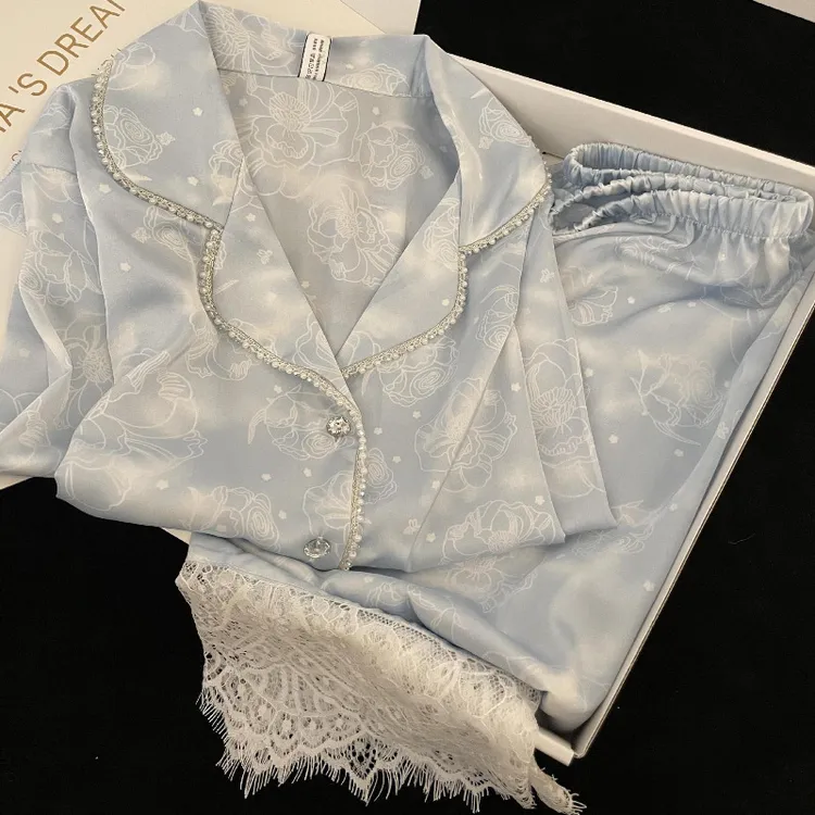 法式轻奢高级感花边设计冰丝睡衣女春秋季新款家居服套装