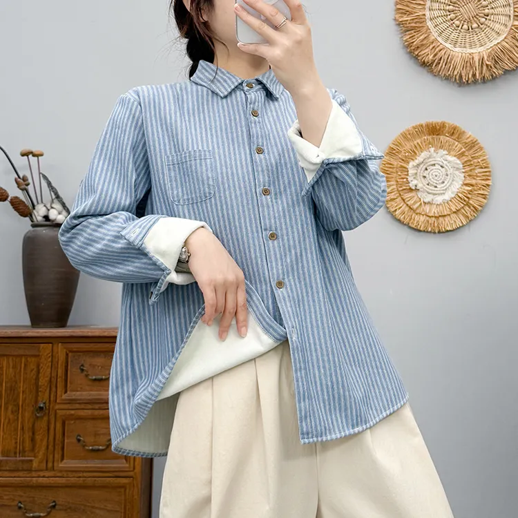 【纯棉不缩水】条纹衬衫女长袖加绒加厚宽松休闲百搭冬季打底衫上衣