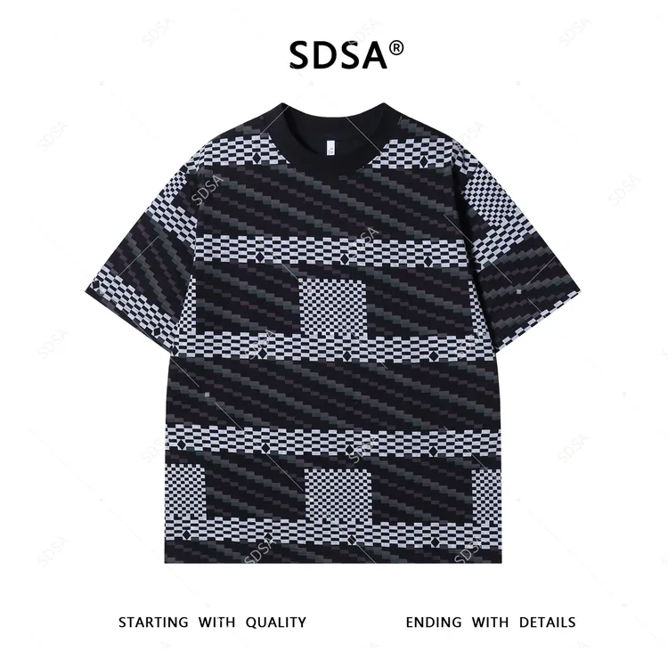 SDSA夏季新款男士痞帅简约撞色格子斜纹设计圆领短袖T恤显瘦百搭