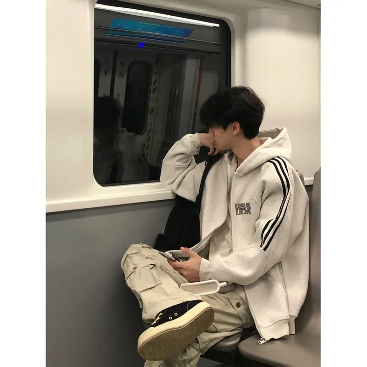 个性街头设计感字母印花开衫连帽卫衣男女秋冬三条杠百搭拉链外套