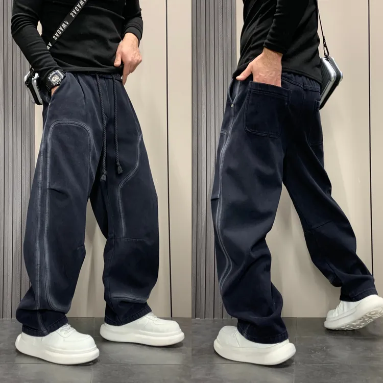 美式复古高街渐变做旧休闲水洗加绒加厚牛仔裤垂感直筒宽松阔腿裤