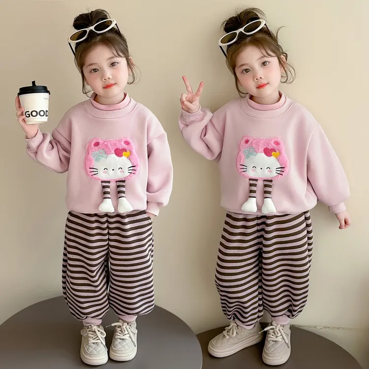 女童加绒套装秋冬款2025新款儿童洋气时髦冬装卫衣卡通猫咪两件套