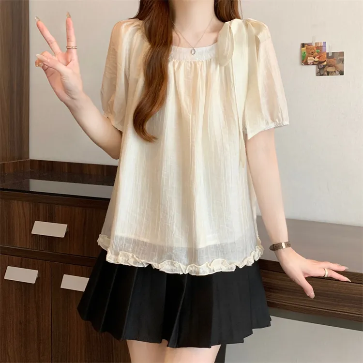 奶黄色蝴蝶结系带显瘦短袖衬衫女2025夏胖mm木耳边下摆娃娃衫上衣