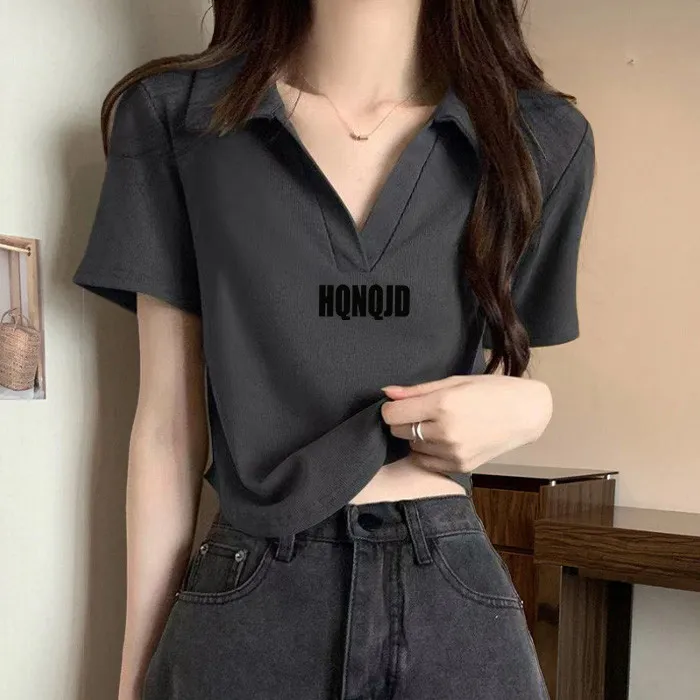 小个子翻领短袖t恤女设计感夏修身个性polo衫显瘦V领上衣深灰体恤