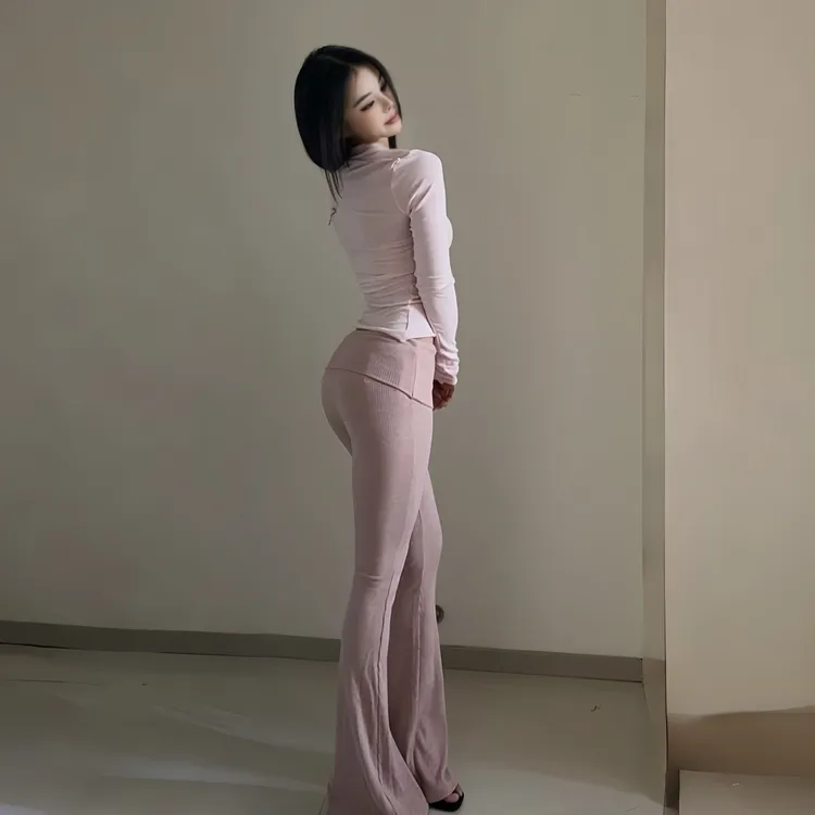 欧美风新款纯欲辣妹假两件修身显瘦休闲长裤翻腰垂感针织微喇裤