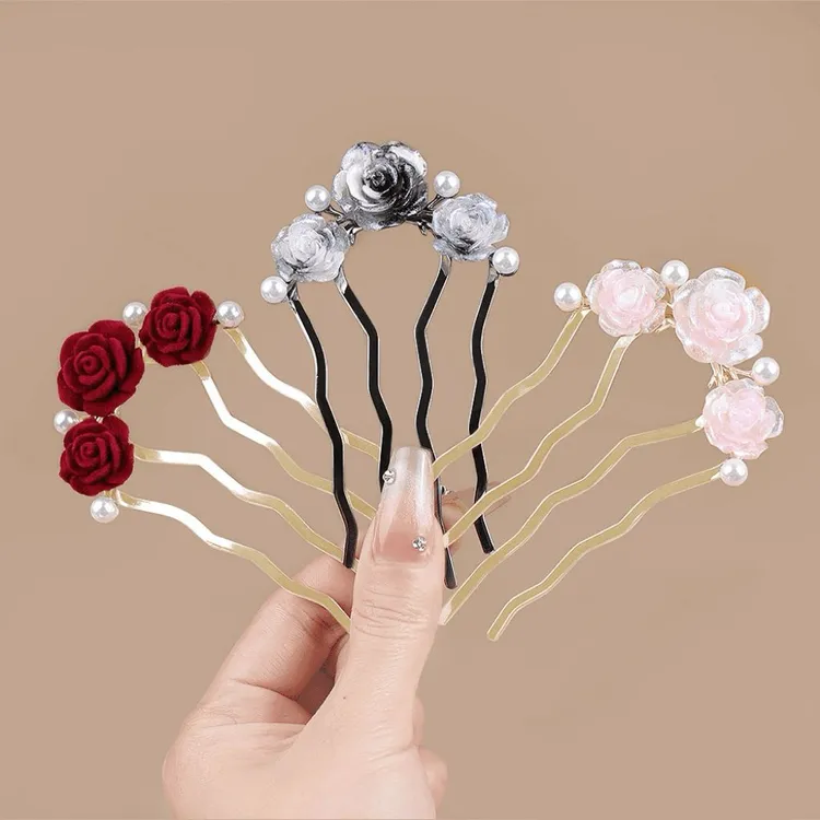 发簪古风头饰发插女古风插梳时尚发叉新中式四齿珠珠玫瑰花盘发簪