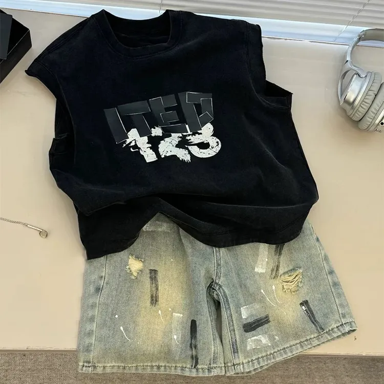耀选专属韩国童装男童套装2夏洋气时髦背心儿童新品牛仔短裤夏款