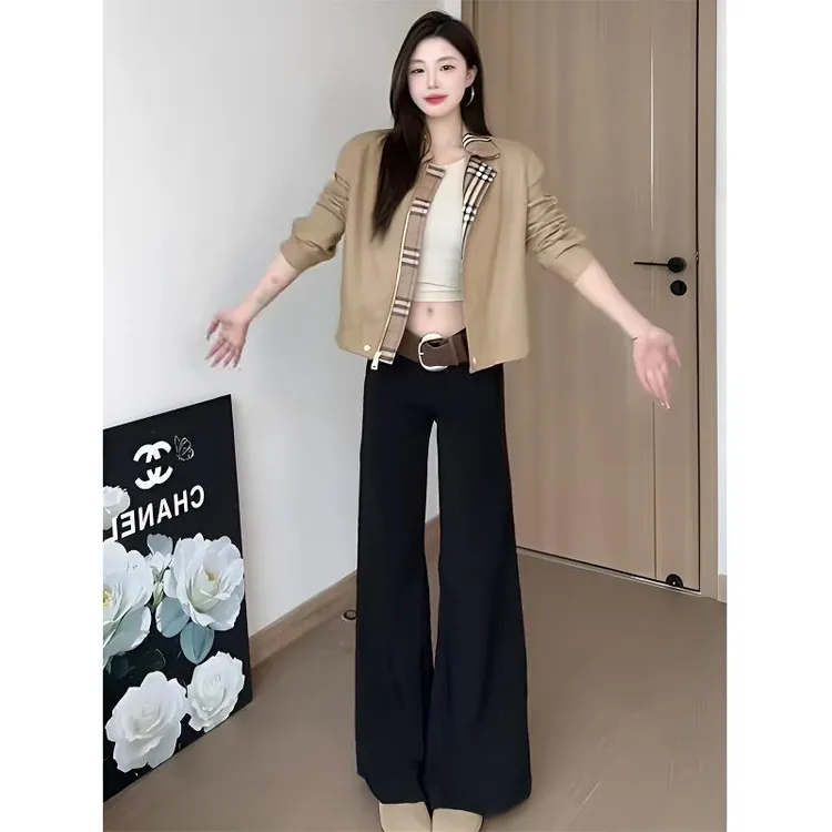 黑色中腰2025休闲裤女春夏高腰长裤宽松阔腿裤拖地喇叭裤灰