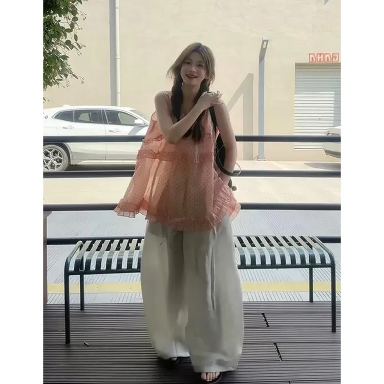 韩系绝美木耳花边波点衬衫上衣套装女夏季新款休闲阔腿裤子两件套