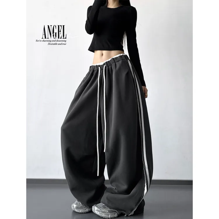 2025秋季新品阔腿裤女百搭条纹垂感秋冬装运动休闲裤拖地裤子长裤