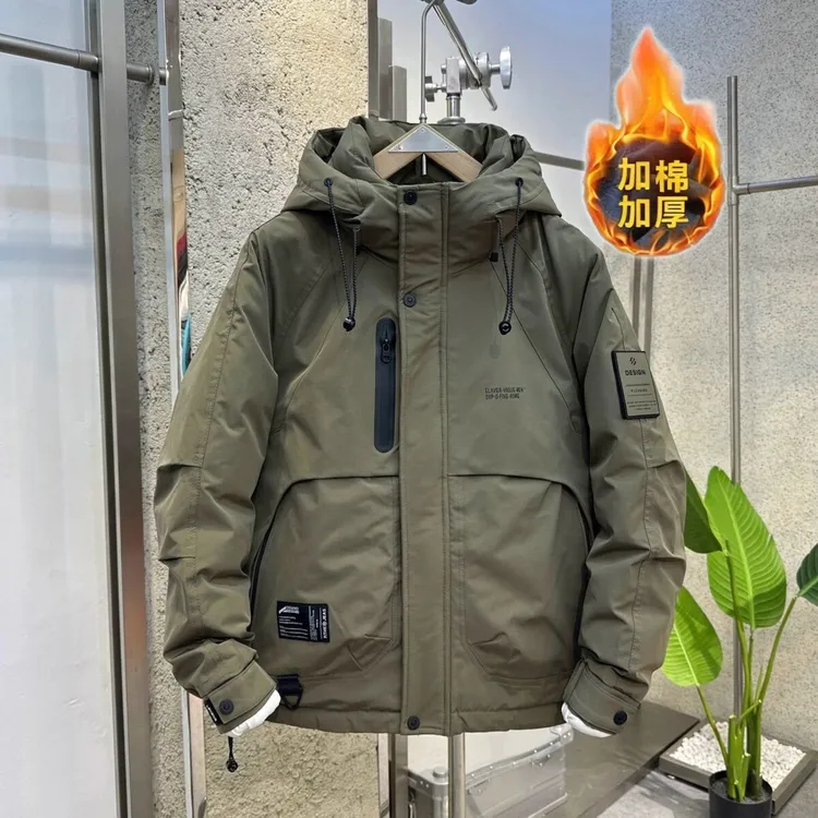 男士外套秋冬季款时尚夹棉保暖加厚潮牌工装连帽夹克秋冬天上衣男