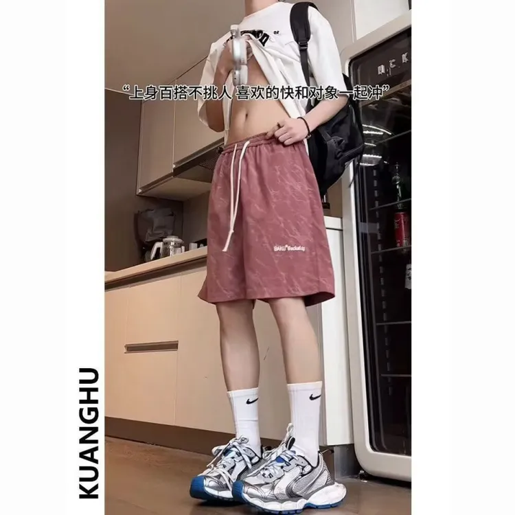 条纹夏季潮流薄款百搭运动裤直筒短裤宽松裤子五分裤印花中裤时尚