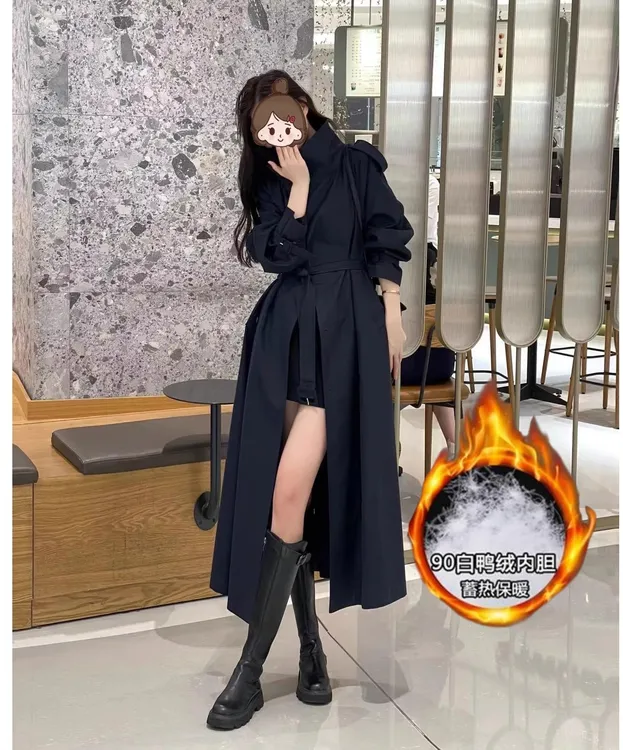 秋冬新款羽绒服垂感宽松立领90白鸭绒韩版宽松收腰风衣大衣外套女