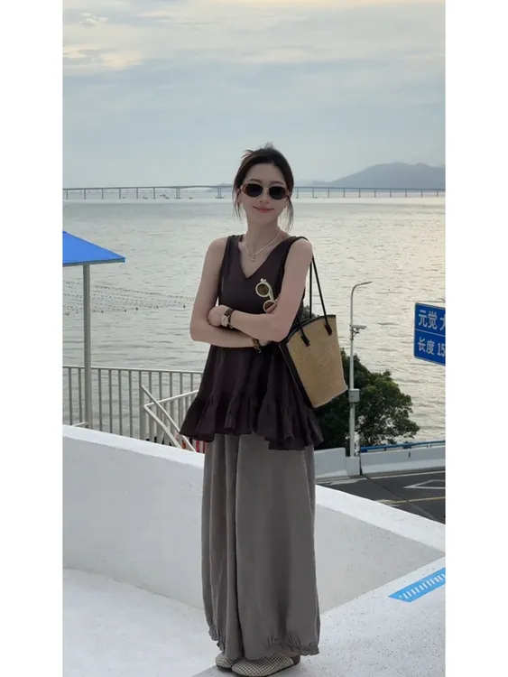 2025夏季新款韩系休闲时尚气质V领无袖背心衬衫灰色休闲裤套装女