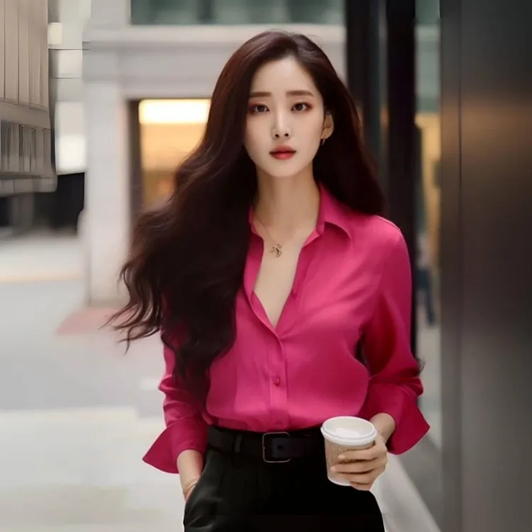 洋气玫红色独特衬衫衬衣超好看上衣春秋女新款今年流行的漂亮小衫