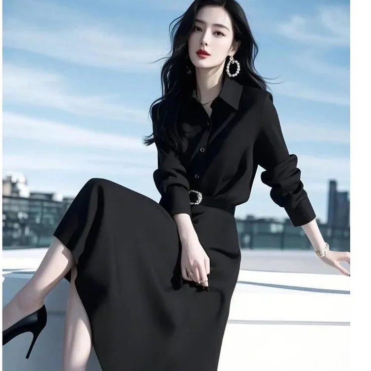 2025春秋气质女神范时尚高级感端庄大气正式场合气质黑色连衣裙女