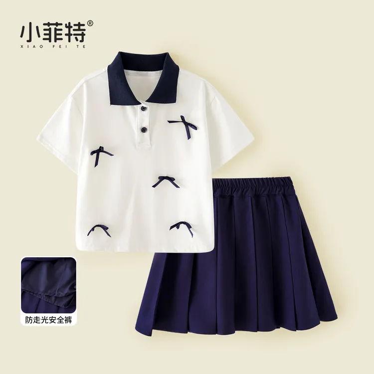 小菲特夏季新款女童polo衫洋气薄款女孩短袖t恤裙裤套装JXTX51582