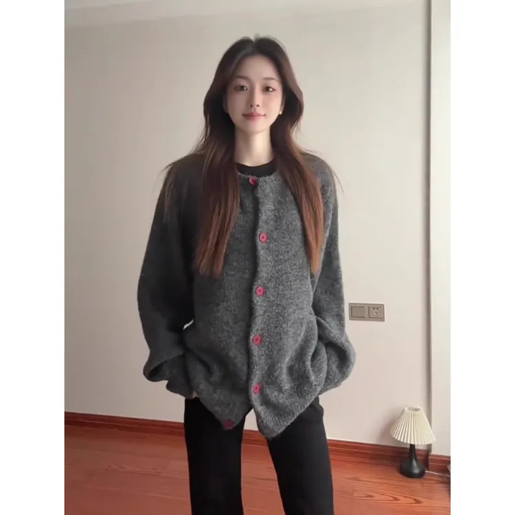 深灰色美式复古开衫毛衣男款秋季老钱风宽松慵懒针织衫松弛感外套