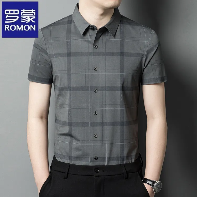 罗蒙商务格子条纹商务短袖衬衫夏季锦氨休闲薄款高档无痕男士衬衣