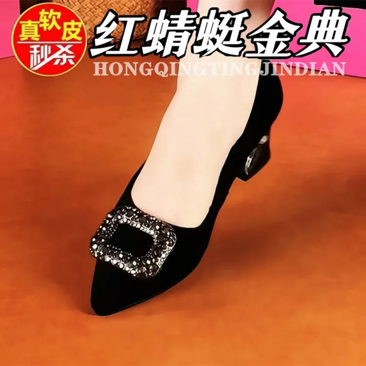 红蜻蜓金典水钻真皮尖头单鞋女新款秋季法式粗跟气质高跟鞋浅口鞋