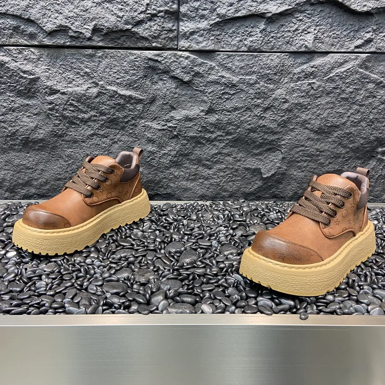 马丁靴时尚百搭厚底纯皮印花低帮鞋复古小众潮牌休闲鞋系带鞋子男