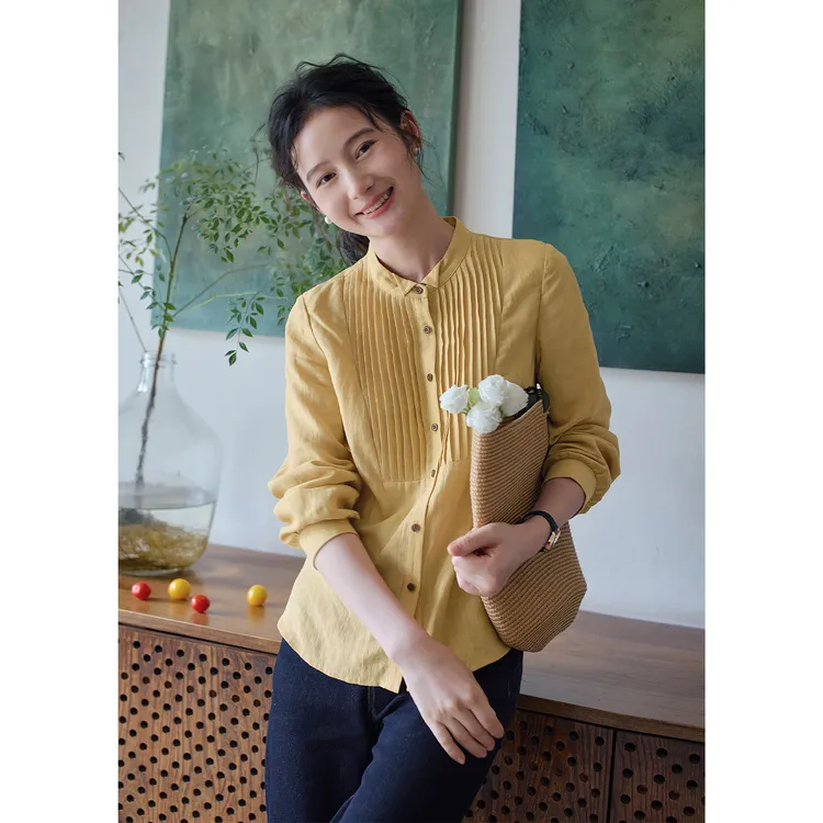 红念黄色天丝苎麻衬衫女长袖设计感秋季2025春秋衬衣流光风上衣