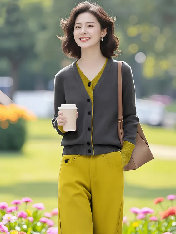 时尚撞色假两件针织开衫女装2025秋季洋气显瘦打底衫柔软减龄上衣