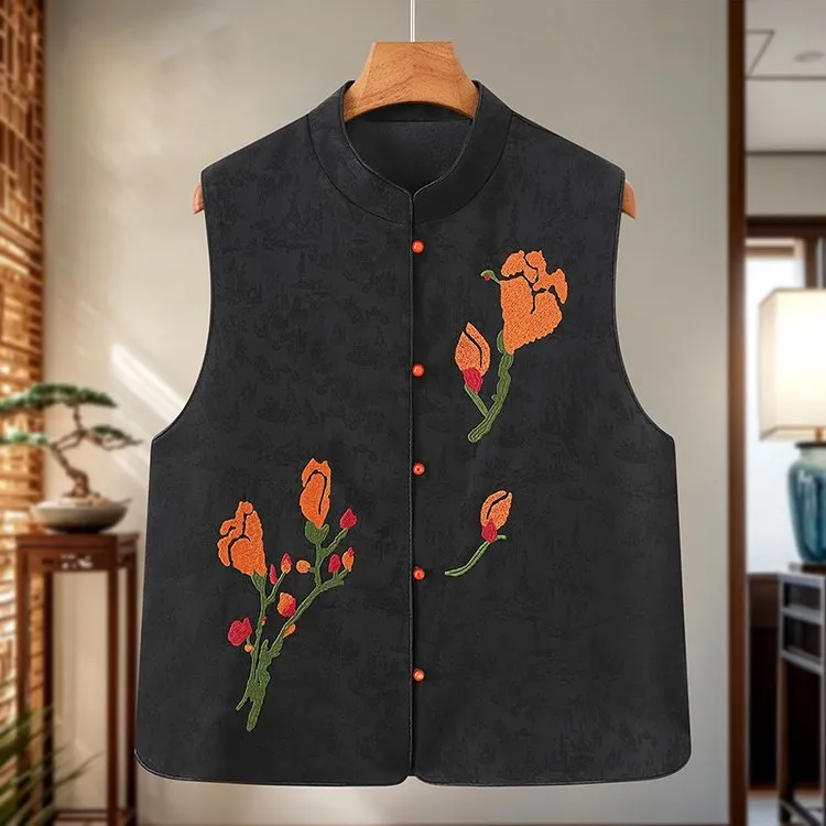 新中式国风提花绣花立领马甲春秋文艺气质民族风宽松坎肩高端女装