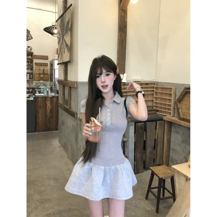 甜辣风POLO领短袖针织拼接连衣裙2025春季新款修身显瘦A字短裙女