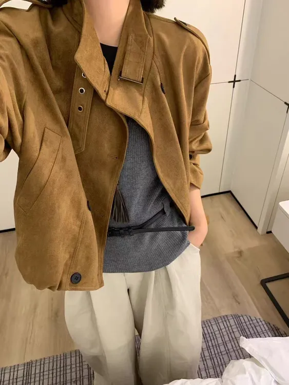 美式立领工装风麂皮绒小个子外套女宽松复古感慵懒风休闲夹克风衣
