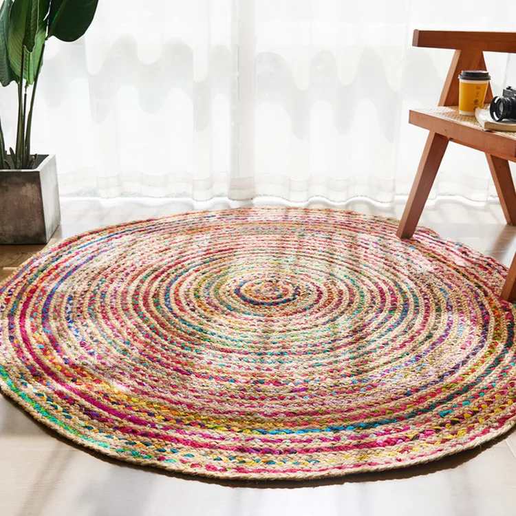 印度手工编织黄麻加棉圆形彩虹地毯卧室床边民宿民族风地垫