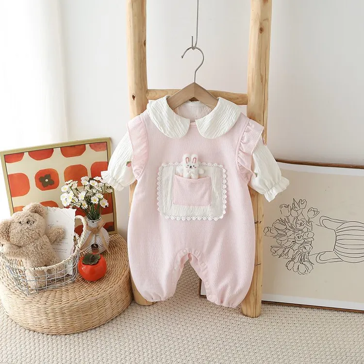 婴儿春秋装衣服女宝宝可爱小兔子两件套周岁宝宝外出服背带裤+T恤