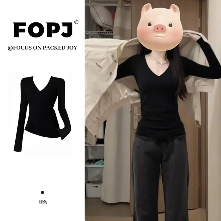 FOPJ时尚打底衫收腰显瘦V领长袖春秋内搭t恤女小众纯欲风辣妹上衣
