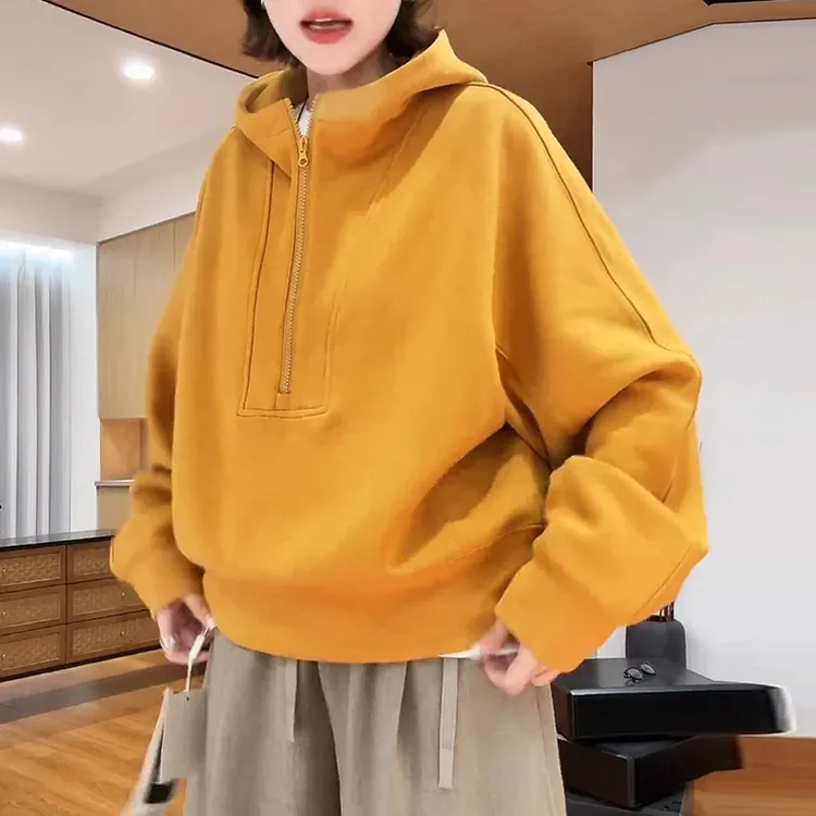半拉链慵懒美式连帽卫衣女秋季2025年新款巨好看百搭宽松套头上衣