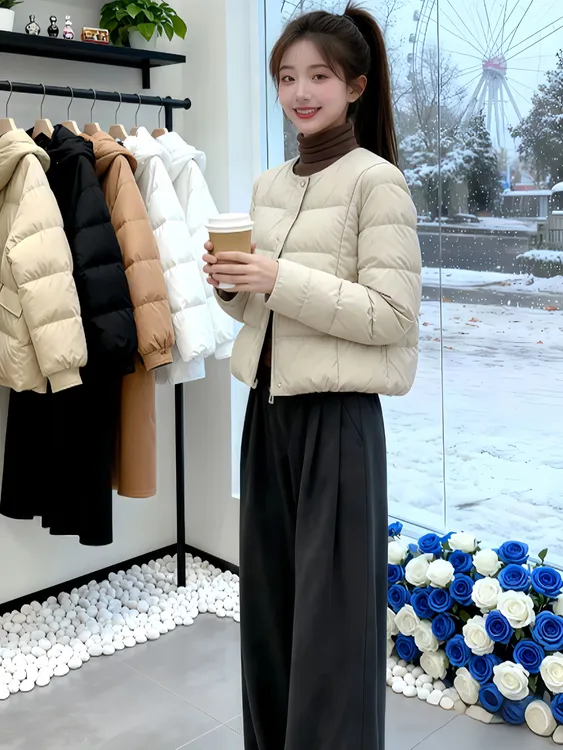 欧货轻薄简约时尚短款羽绒服女士2025年冬季新款圆领保暖羽绒外套