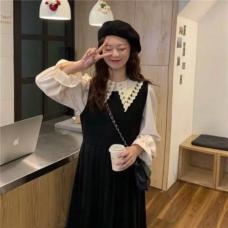 少女感刺绣蕾丝雪纺衬衫+简约圆领中长百褶裙连衣裙套装夏季套装