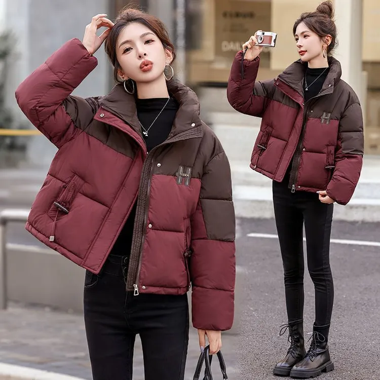 时尚撞色短款加厚棉衣外套女冬季新款洋气减龄小个子百搭保暖棉服