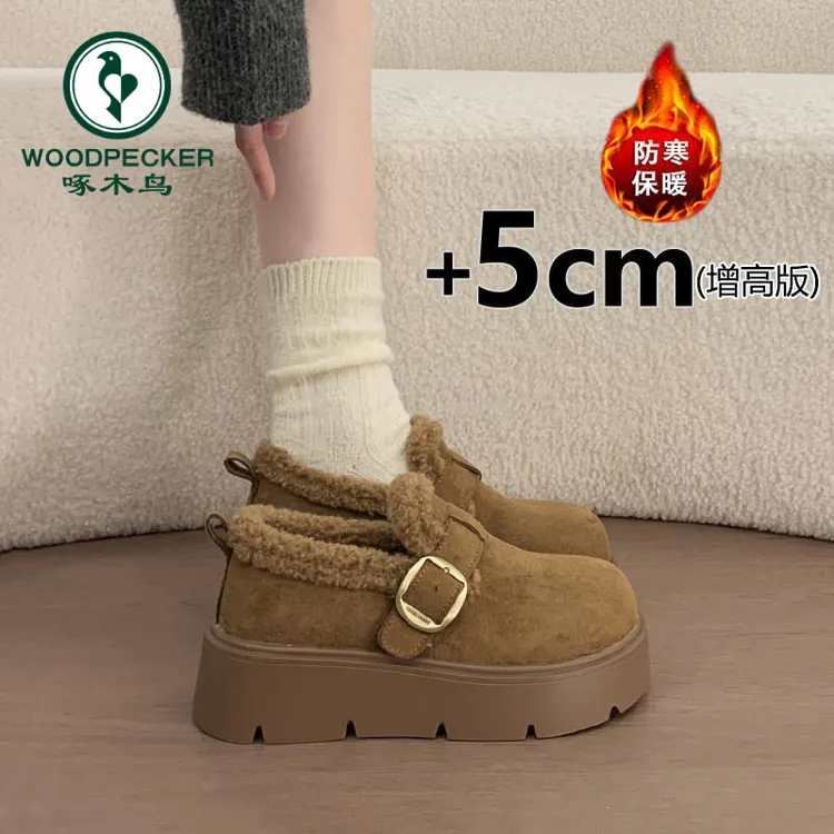 啄木鸟厚底勃肯鞋加绒乐福鞋女2025新款冬季一脚蹬毛毛棉鞋子增高