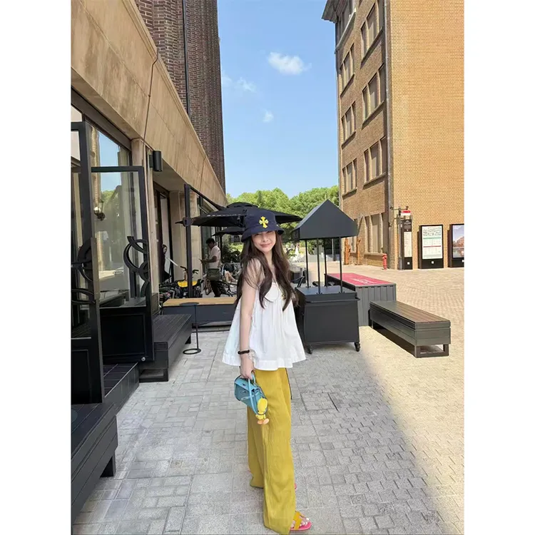 2025夏季新款白色吊带背心上衣黄色通勤时尚套装宽松休闲两件套