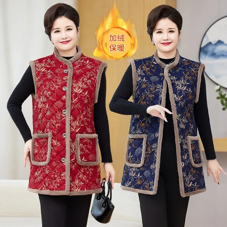 妈妈冬季加绒马甲加厚中长款坎肩外套大码老年马夹新款背心减龄款