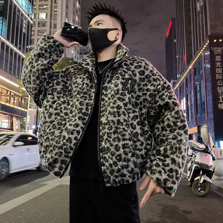 潮牌短款毛呢豹纹棉服男款冬季2025新款爆款加厚保暖袄子棉衣外套