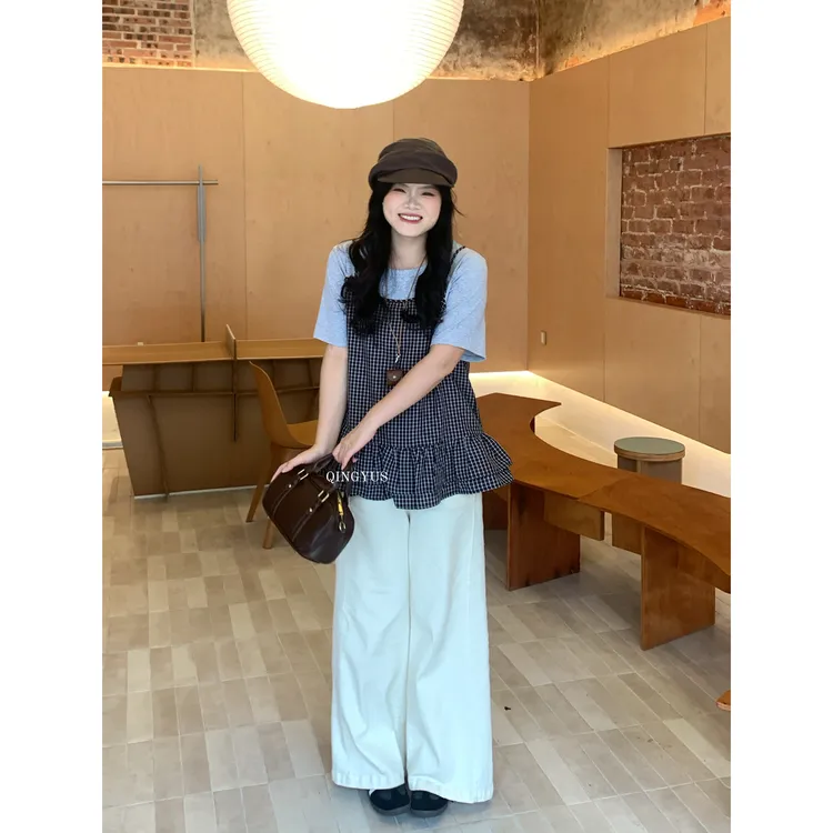 青屿衫-微胖显瘦韩系气质减龄设计感格子拼接T恤假两件夏季大码女