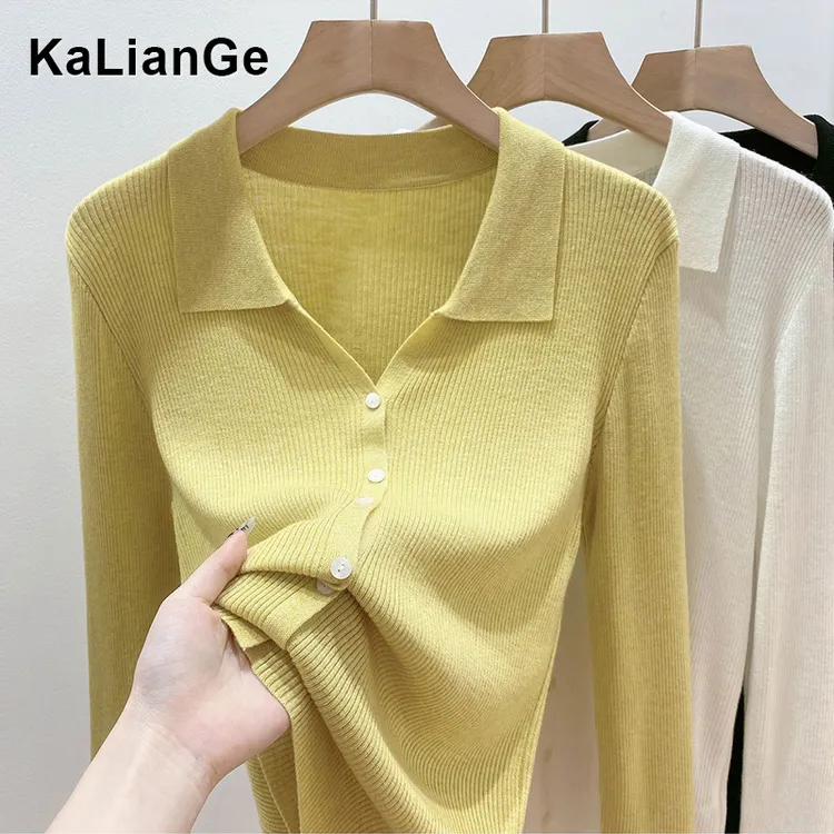 卡莲格/polo领小众设计感气质T恤上衣女秋季翻领修身显瘦针织开衫