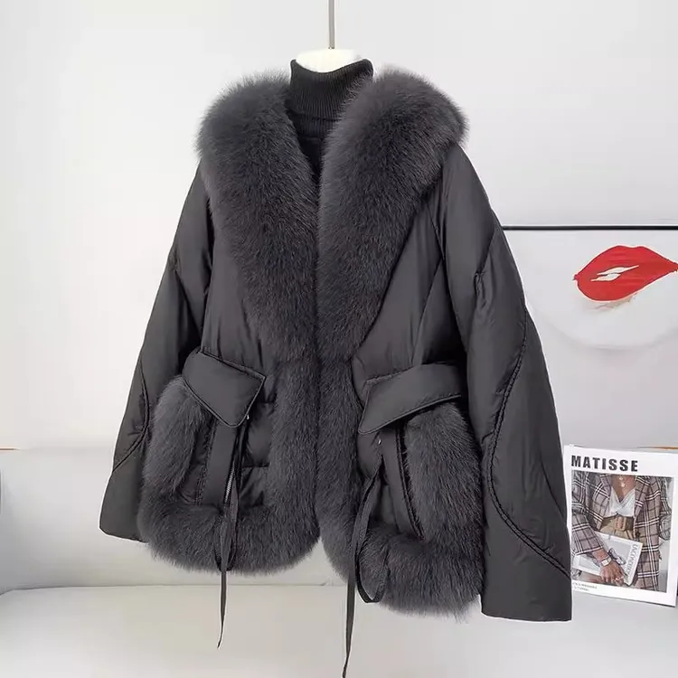 轻奢高端大毛领皮草外套女装2025新款白鸭绒羽绒服冬季短款小个子