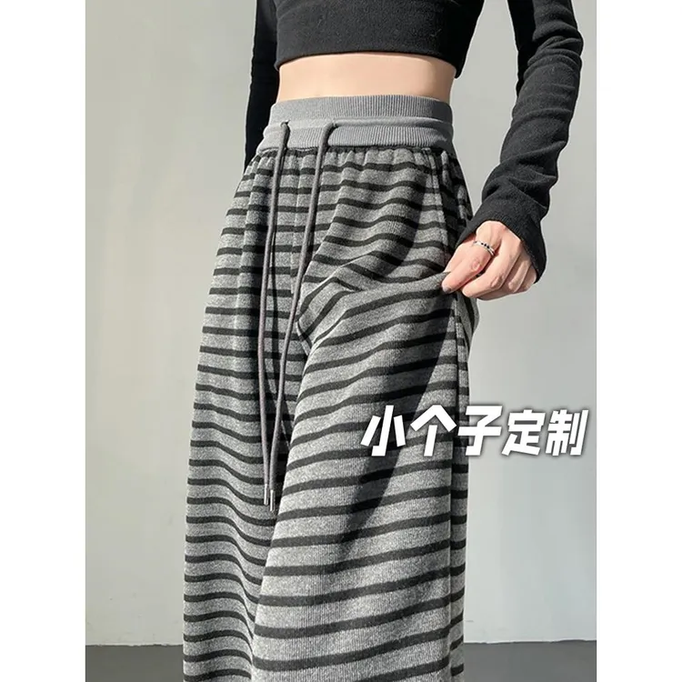 150小矮个子复古条纹抽绳阔腿裤女秋季窄版糯米裤高腰直筒休闲裤