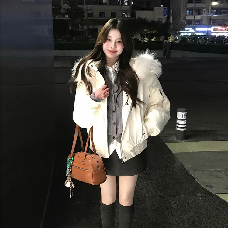 冬季加厚大毛领白色工装棉服女2025年新款连帽外套保暖小个子防风