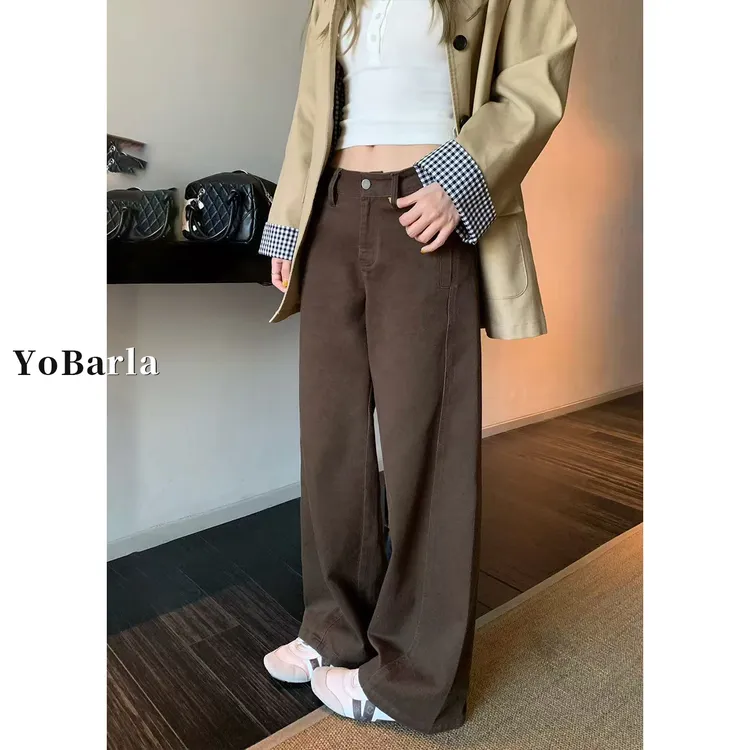 棕色直筒牛仔裤女秋冬新款梨型身材胖mm大码显瘦宽松遮胯阔腿裤子