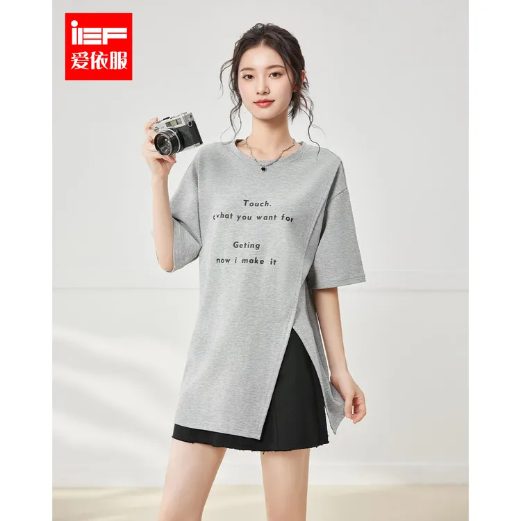 IEF/爱依服2025夏季新款美式休闲风字母印花不规则下摆百搭中T恤